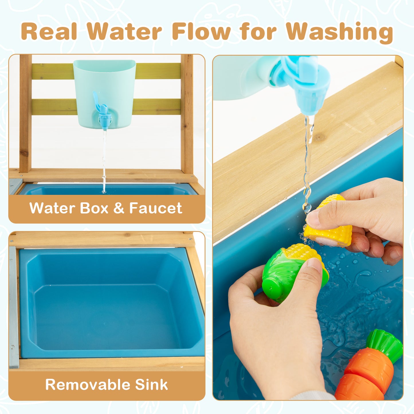 Outdoor Wooden Play Kitchen Set with Faucet and Water Box for Toddlers