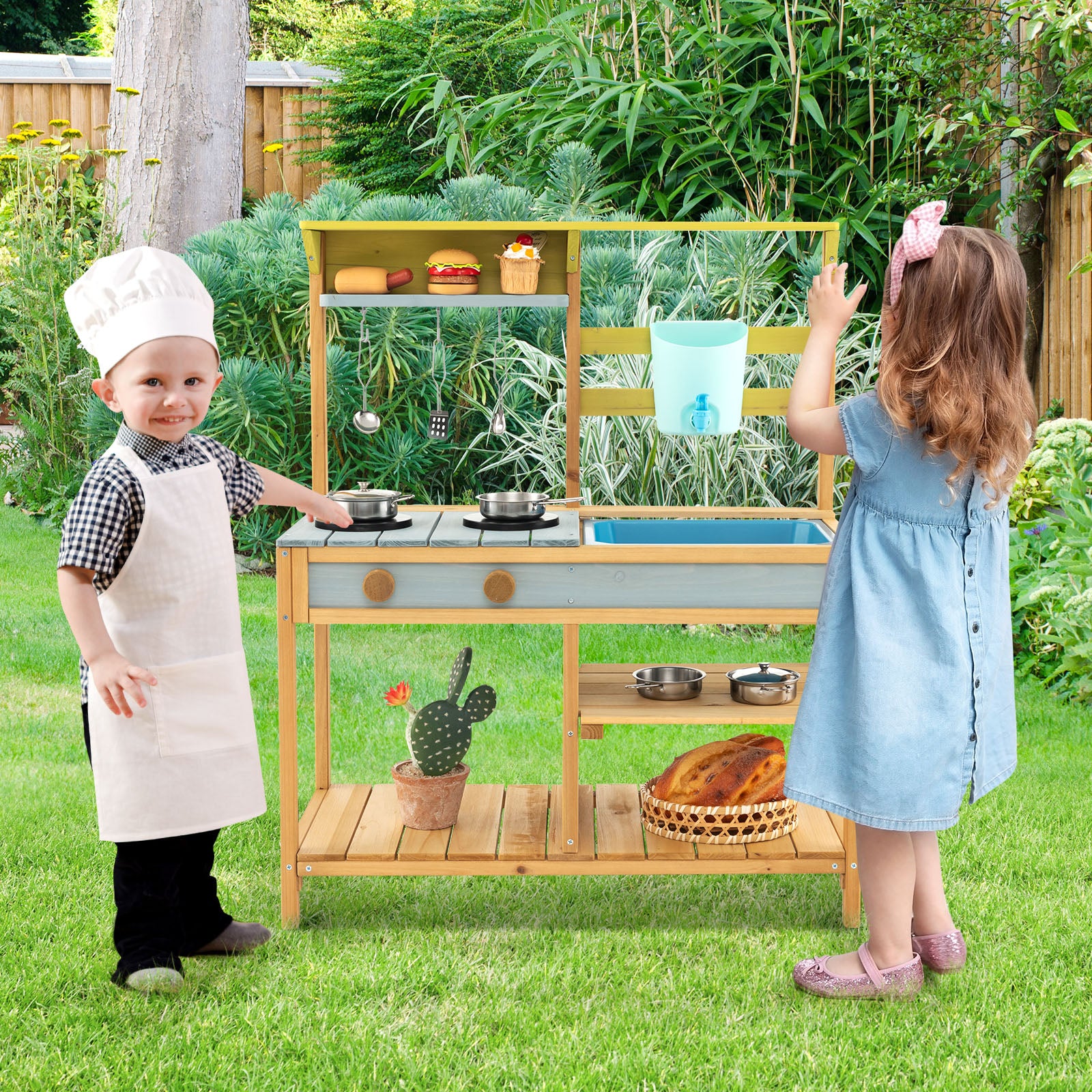 Outdoor Wooden Play Kitchen Set with Faucet and Water Box for Toddlers