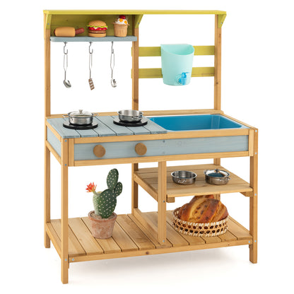 Outdoor Wooden Play Kitchen Set with Faucet and Water Box for Toddlers