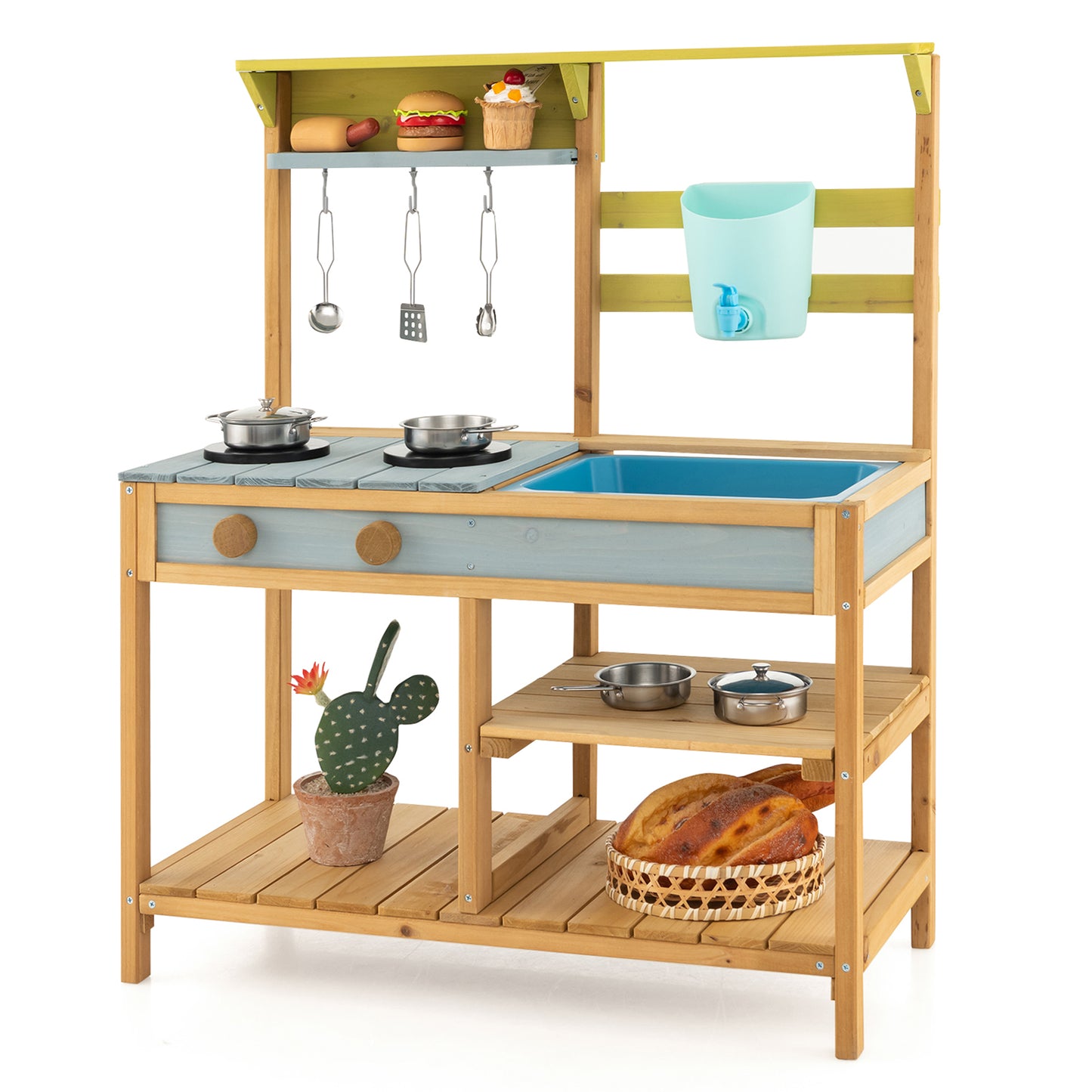 Outdoor Wooden Play Kitchen Set with Faucet and Water Box for Toddlers