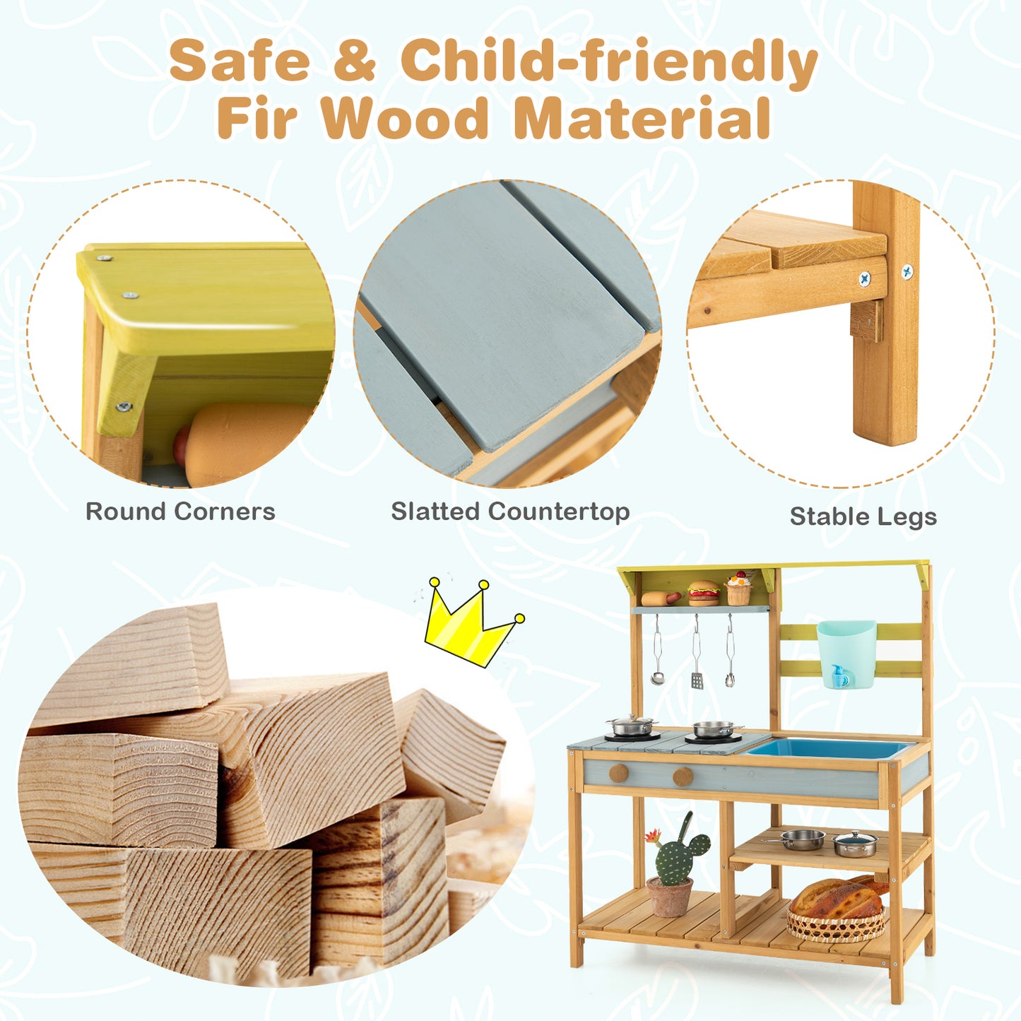 Outdoor Wooden Play Kitchen Set with Faucet and Water Box for Toddlers