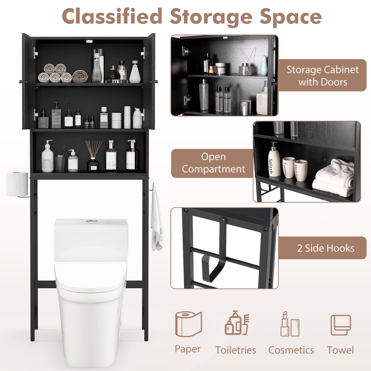 Over The Toilet Storage Cabinet Free Standing Toilet Rack-Black