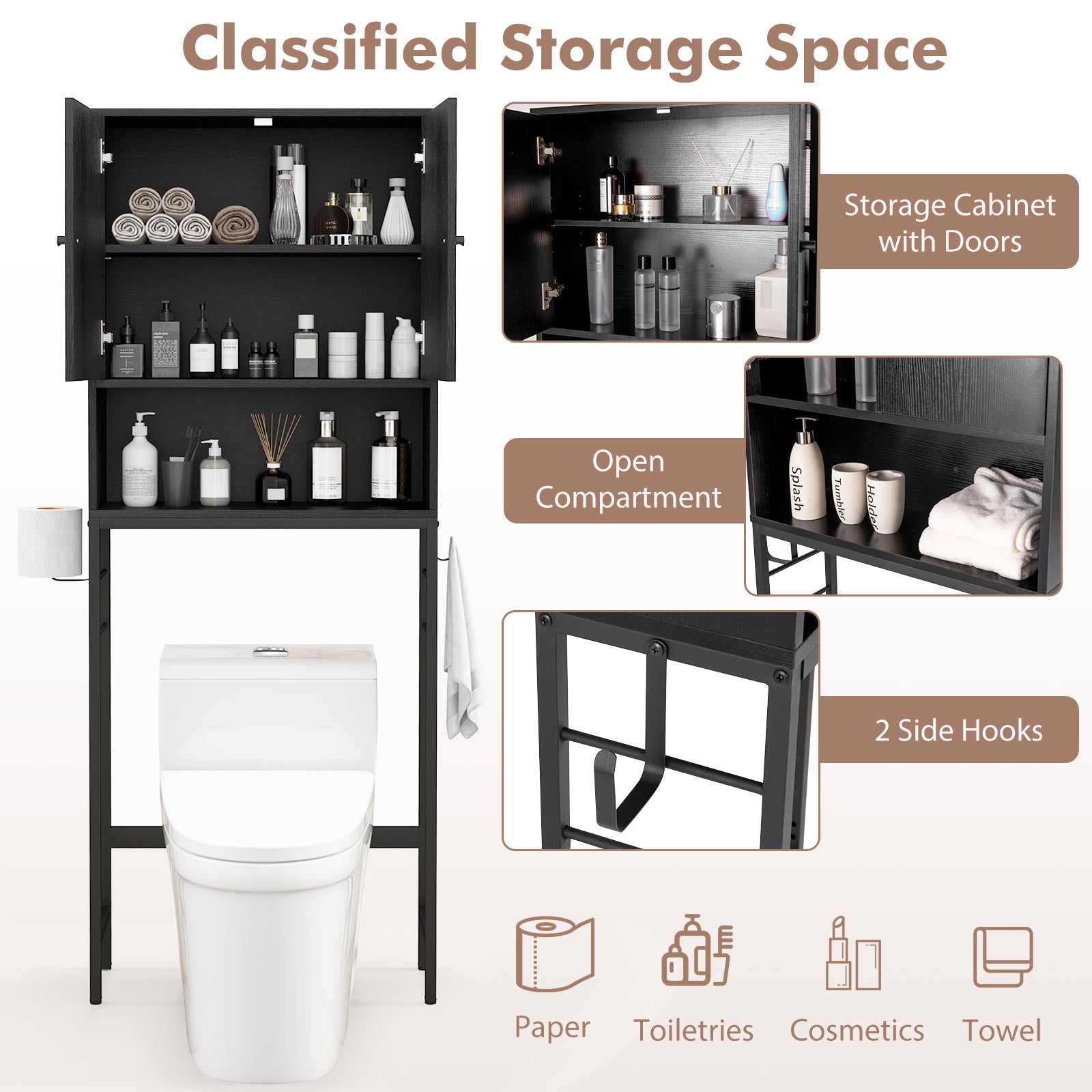 Over The Toilet Storage Cabinet Free Standing Toilet Rack-Black