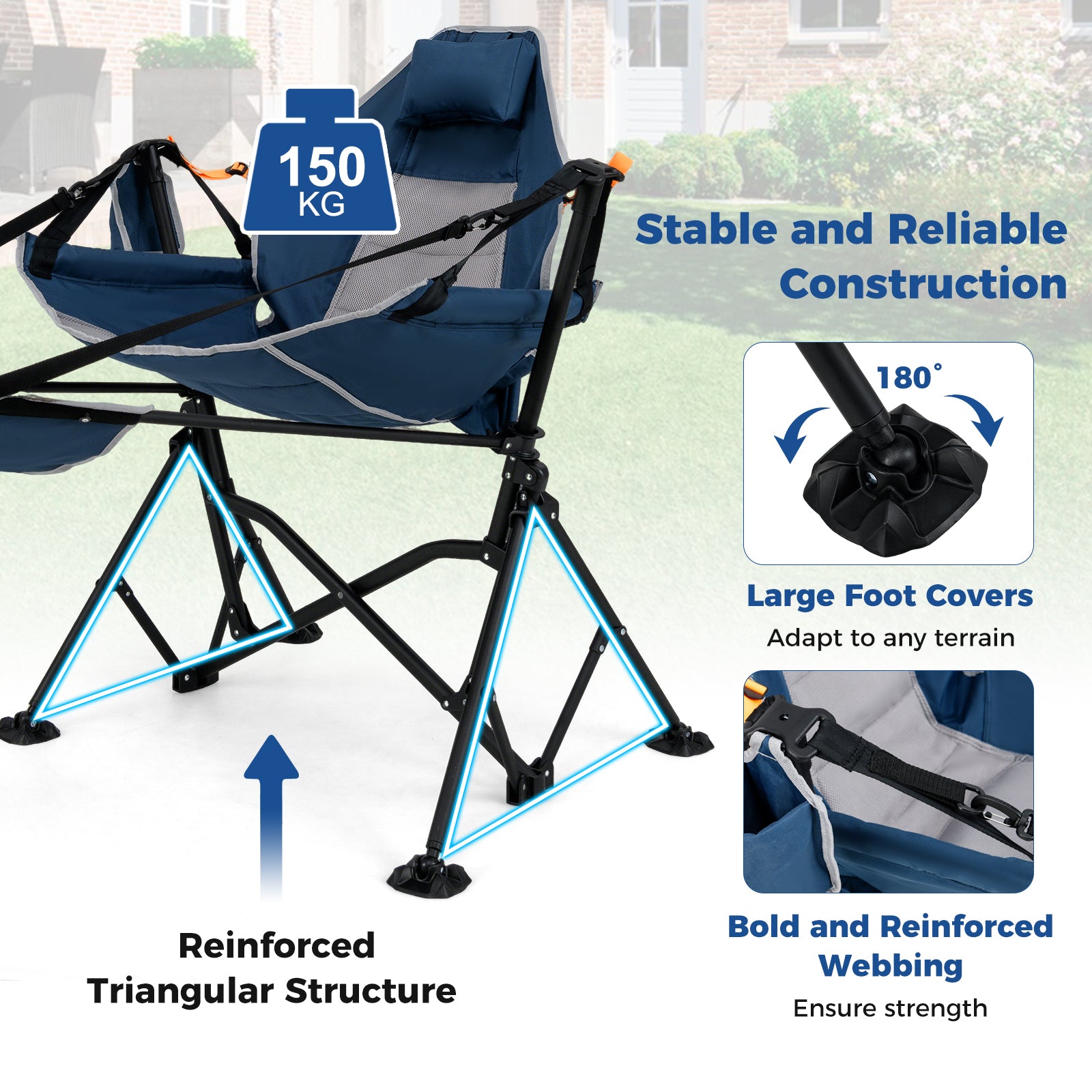 Oversized Hammock Camping Chair with Footrest and Cup Holder-Blue