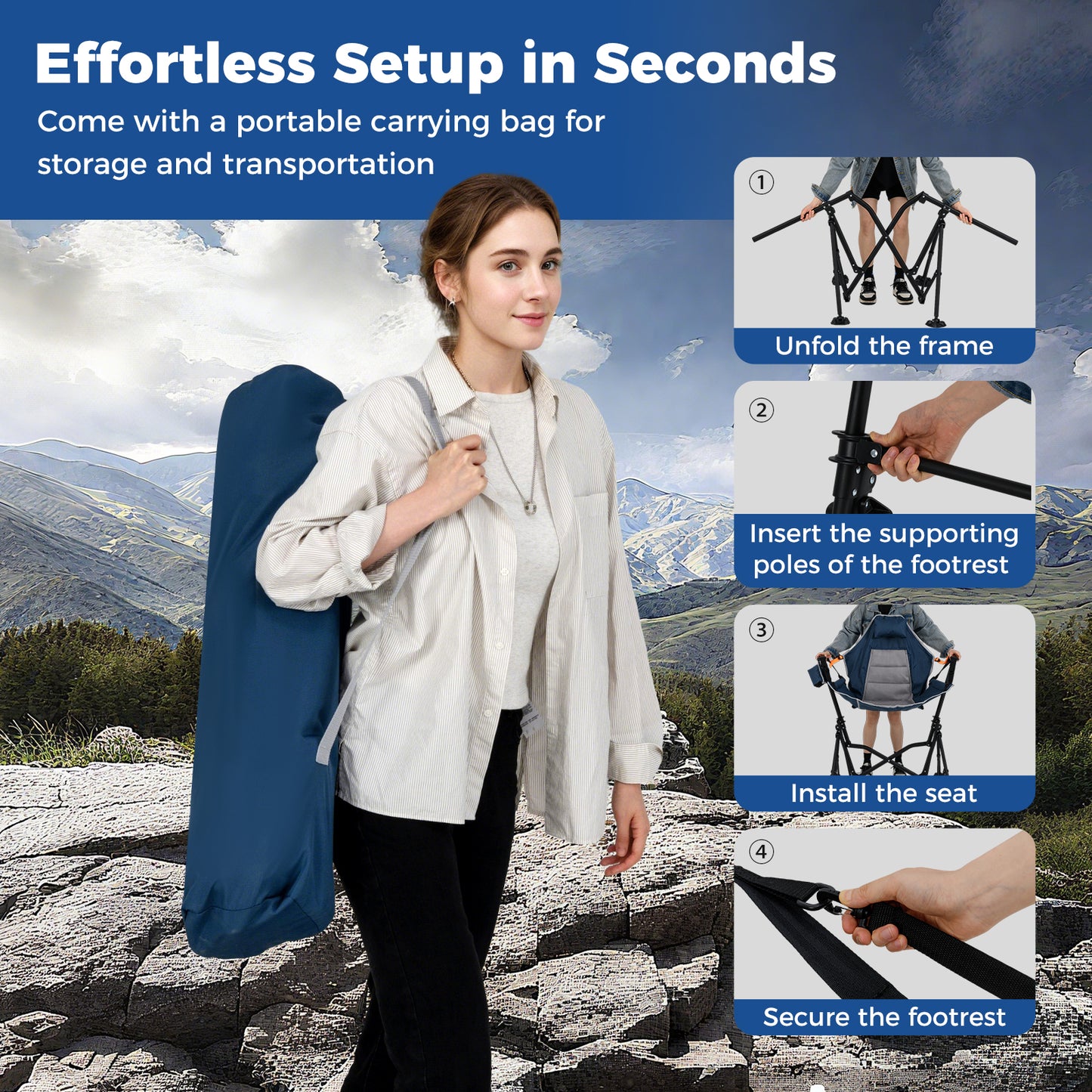 Oversized Hammock Camping Chair with Footrest and Cup Holder-Blue