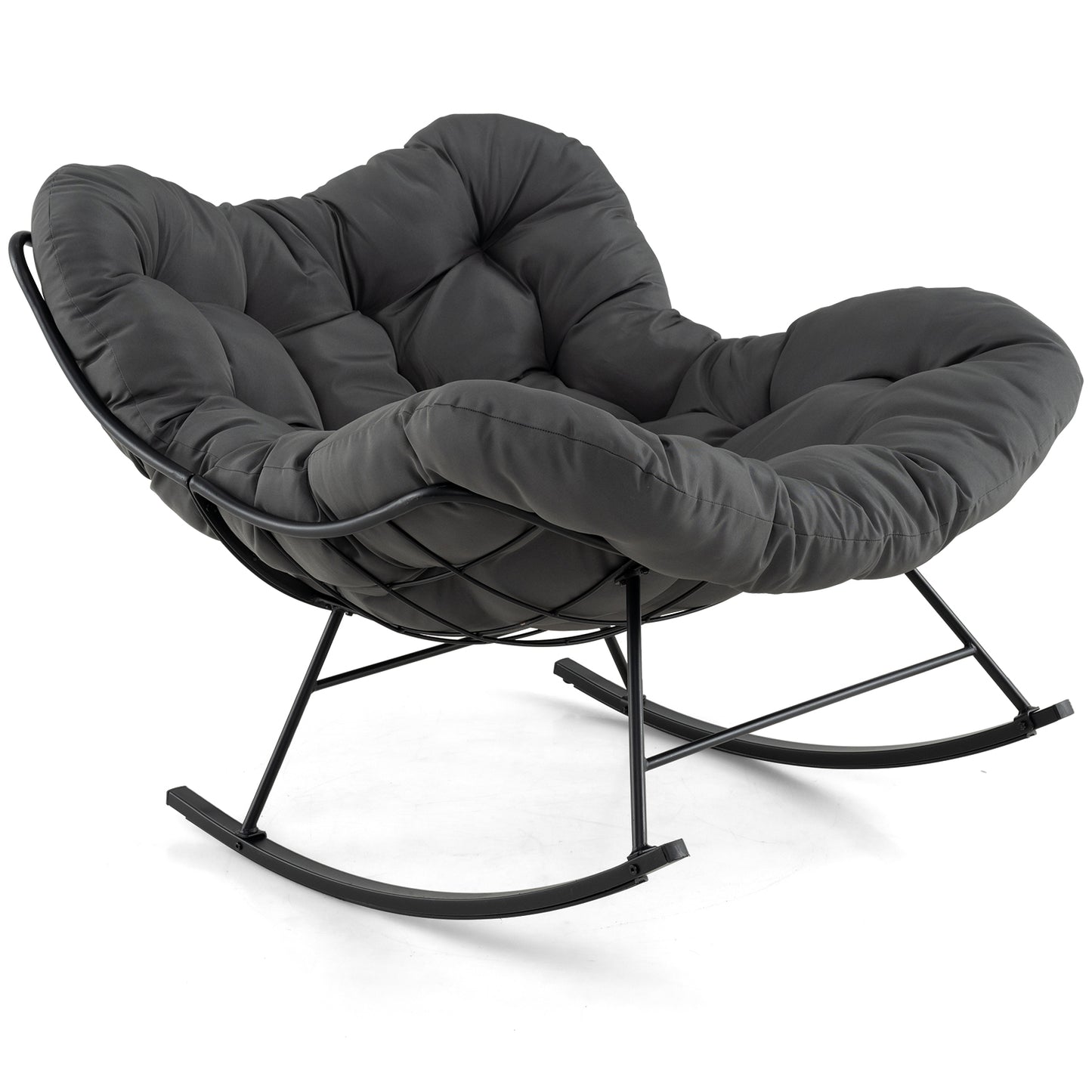 Oversized Papasan Patio Rocking Chair with Padded Cushion and Metal Frame-Grey
