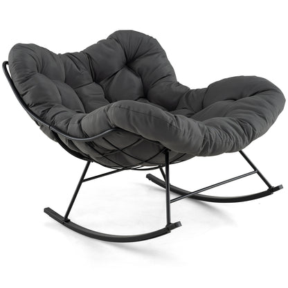 Oversized Papasan Patio Rocking Chair with Padded Cushion and Metal Frame-Grey