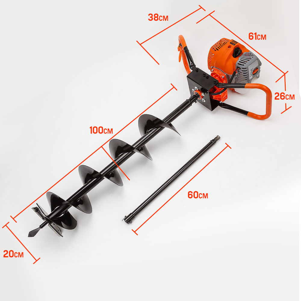 62cc Petrol Post Hole Digger with 1.4m Depth and 20cm Bit Diameter
