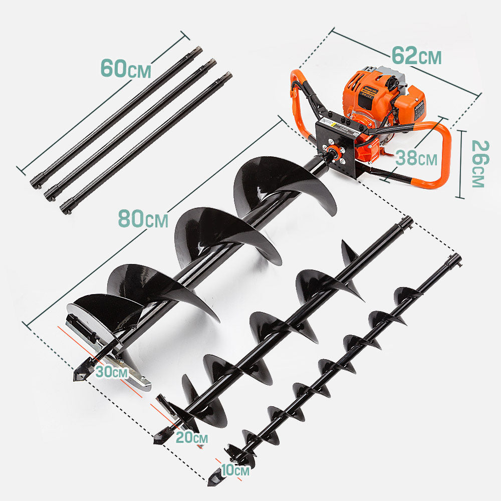 75cc Petrol Post Hole Digger with 2.6m Depth and Multiple Auger Sizes