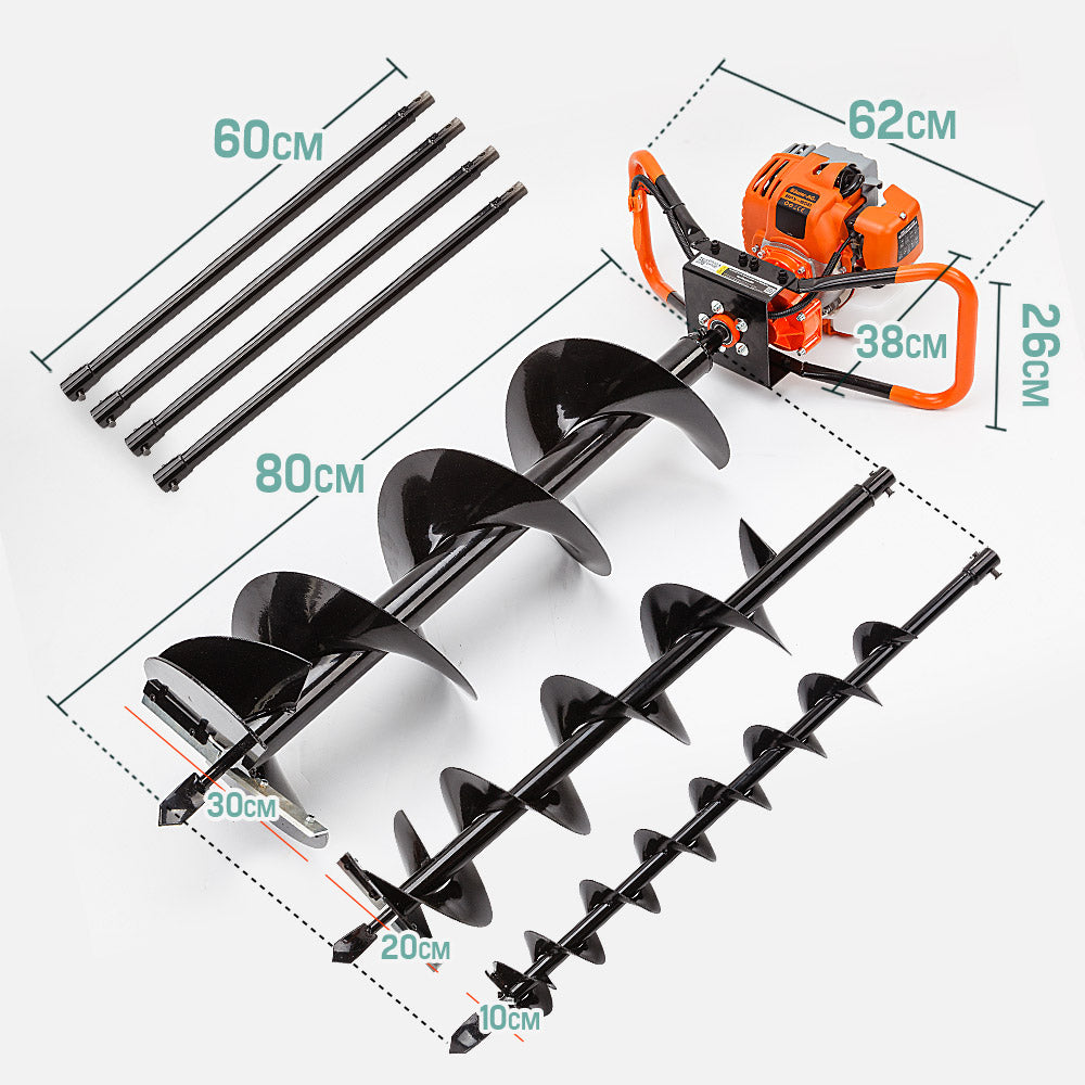 88cc Pro-Series Post Hole Digger with 3.2m Depth and Multiple Augers