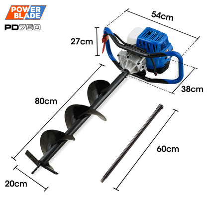 52cc 2-Stroke Petrol Post Hole Digger with 0.2m Auger & 0.6m Extension Shaft