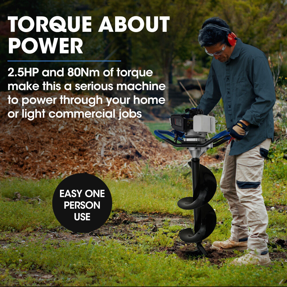 52cc Petrol Post Hole Digger, 3 Auger Bits, 1.4m Depth, Anti-Vibration