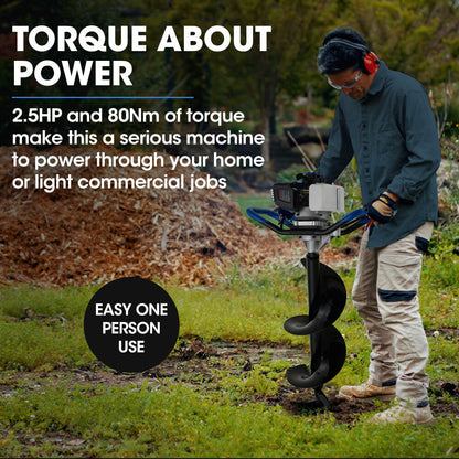 52cc Petrol Post Hole Digger, 3 Auger Bits, 1.4m Depth, Anti-Vibration