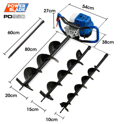 52cc Petrol Post Hole Digger, 3 Auger Bits, 1.4m Depth, Anti-Vibration