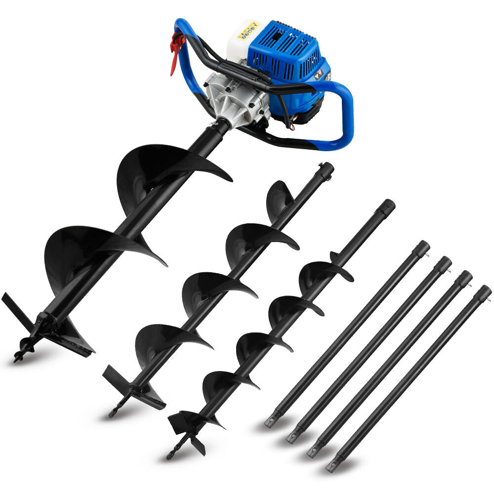 52cc Petrol Post Hole Digger, 3 Auger Bits, 1.4m Depth, Anti-Vibration