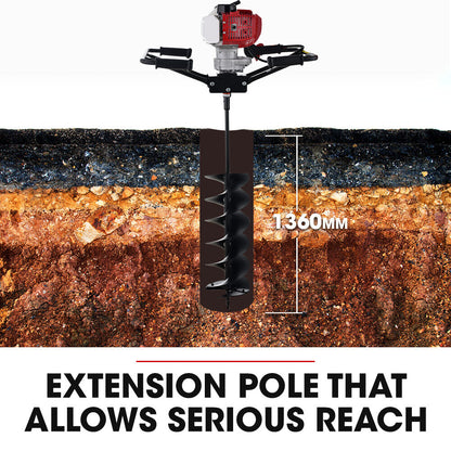 2-Person Post Hole Digger with 1.4m Depth, 200mm & 300mm Augers, 52cc Engine