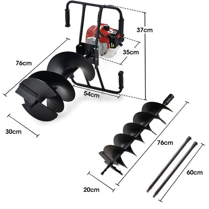 2-Person Post Hole Digger with 1.4m Depth, 200mm & 300mm Augers, 52cc Engine