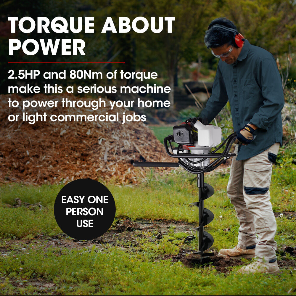 Petrol Post Hole Digger with Safety Brake, 1.5m+2m Auger Bits, Anti-Vibration Handle