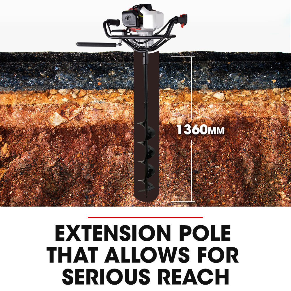 Petrol Post Hole Digger with Safety Brake, 1.5m+2m Auger Bits, Anti-Vibration Handle