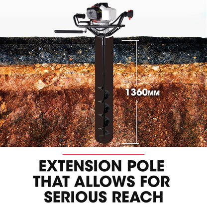 Petrol Post Hole Digger with Safety Brake, 1.5m+2m Auger Bits, Anti-Vibration Handle
