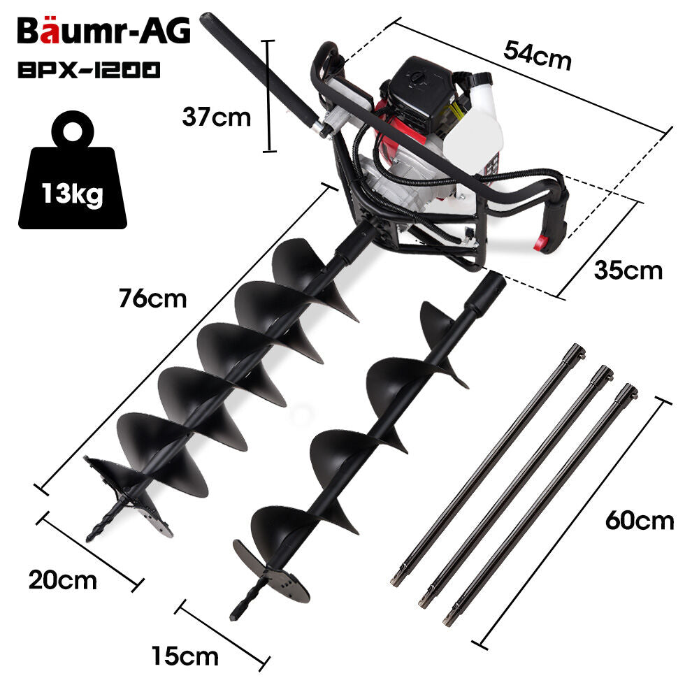Petrol Post Hole Digger with Safety Brake, 1.5m+2m Auger Bits, Anti-Vibration Handle