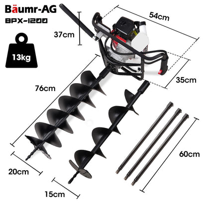 Petrol Post Hole Digger with Safety Brake, 1.5m+2m Auger Bits, Anti-Vibration Handle