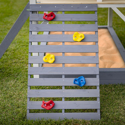 Wooden Tower Playhouse with Slide, Climbing Wall, and Sandpit - Rovo Kids