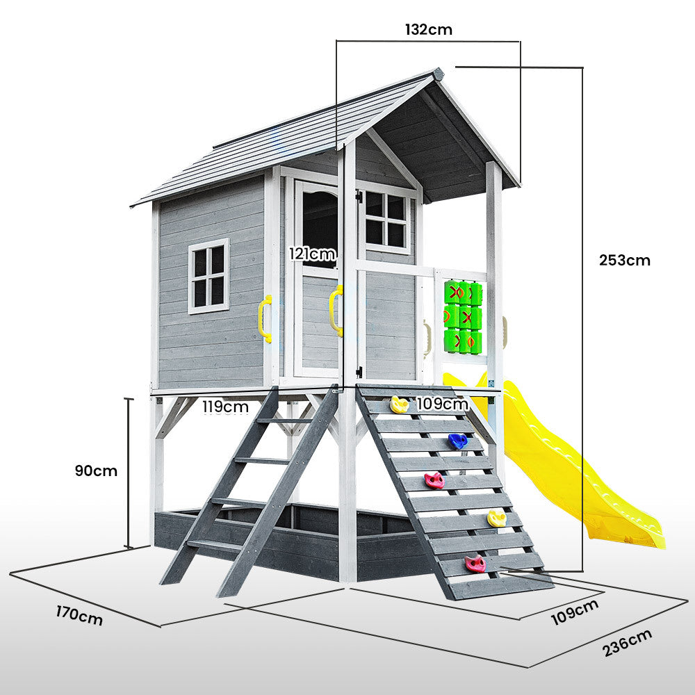 Wooden Tower Playhouse with Slide, Climbing Wall, and Sandpit - Rovo Kids