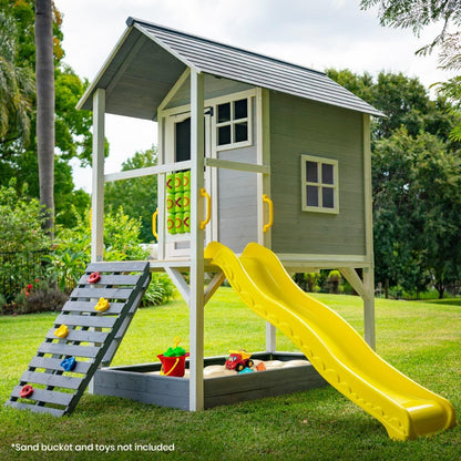 Wooden Tower Playhouse with Slide, Climbing Wall, and Sandpit - Rovo Kids