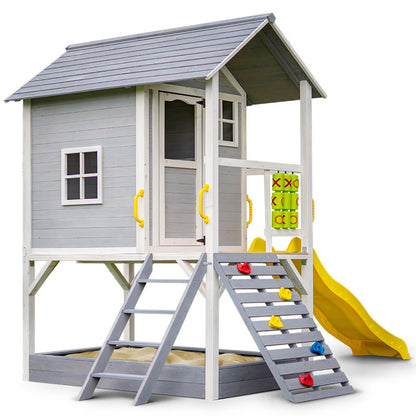 Wooden Tower Playhouse with Slide, Climbing Wall, and Sandpit - Rovo Kids
