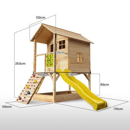 Wooden Tower Cubby House with Slide, Sandpit, Climbing Wall & Games