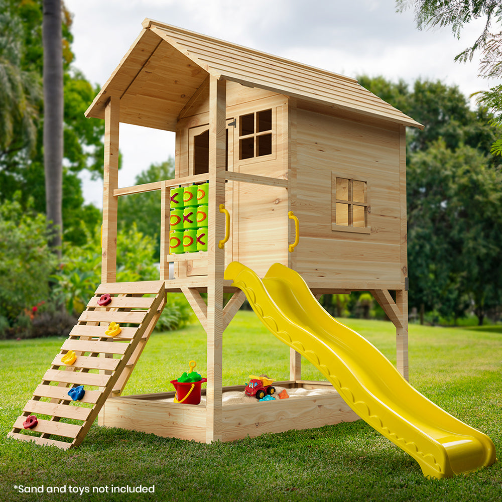 Wooden Tower Cubby House with Slide, Sandpit, Climbing Wall & Games