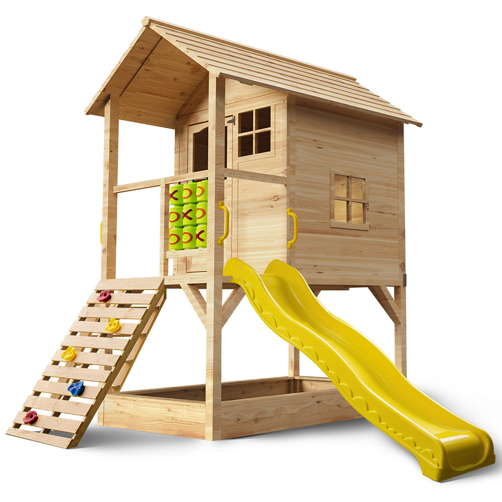 Wooden Tower Cubby House with Slide, Sandpit, Climbing Wall & Games