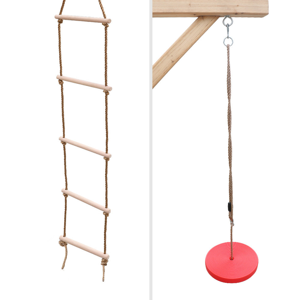 Wooden Climbing Frame Set with Rope Ladder and Disc Swing - Outdoor Playset