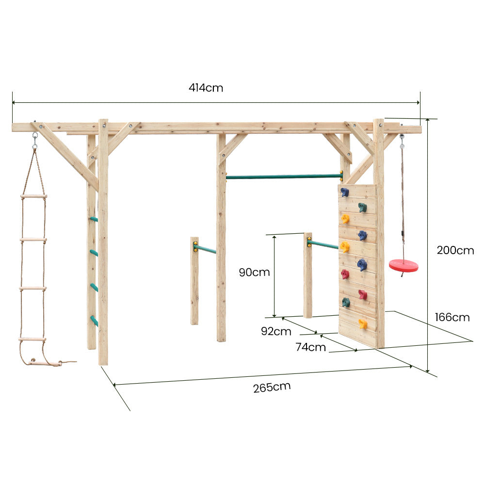 Wooden Climbing Frame Set with Rope Ladder and Disc Swing - Outdoor Playset