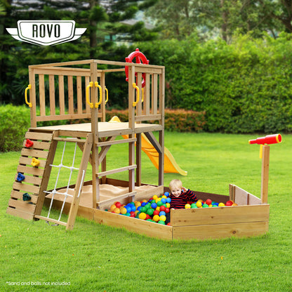 Wooden Boat Play Tower with Slide, Climbing Wall & Sandpit - 2.44m High