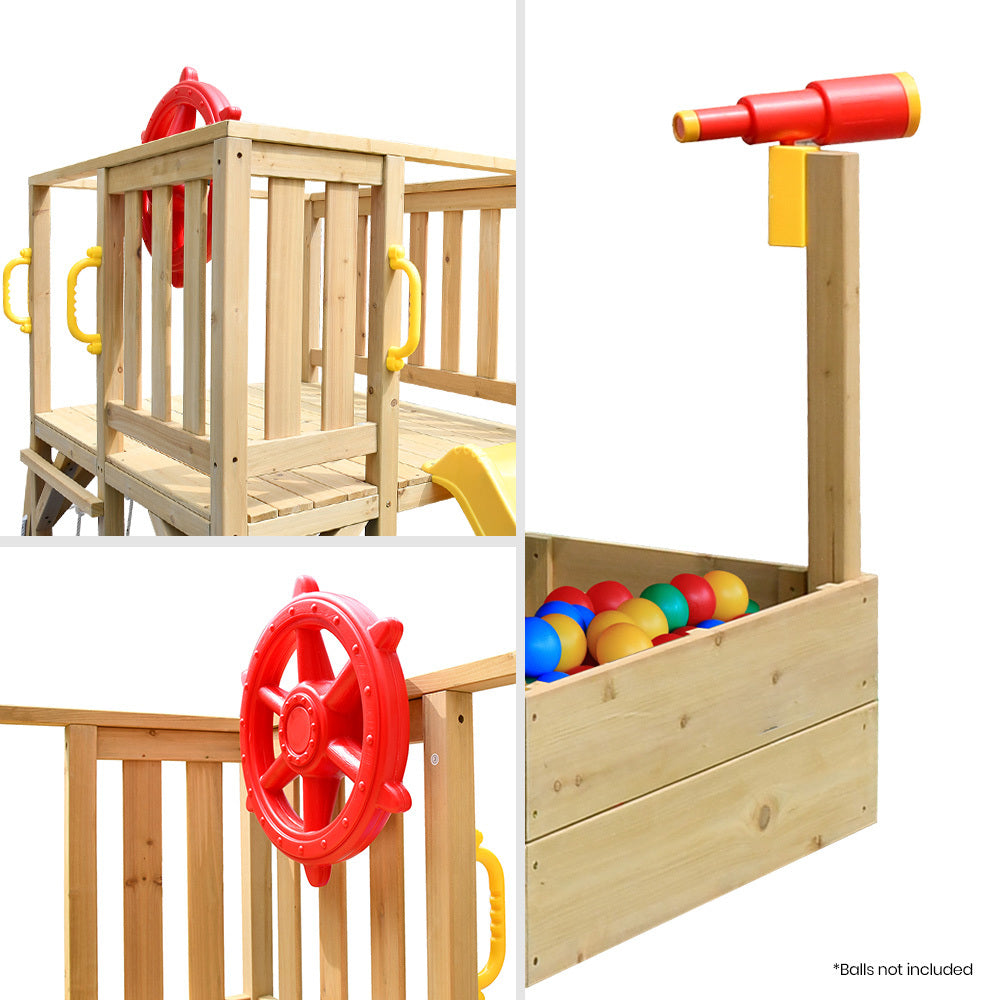 Wooden Boat Play Tower with Slide, Climbing Wall & Sandpit - 2.44m High