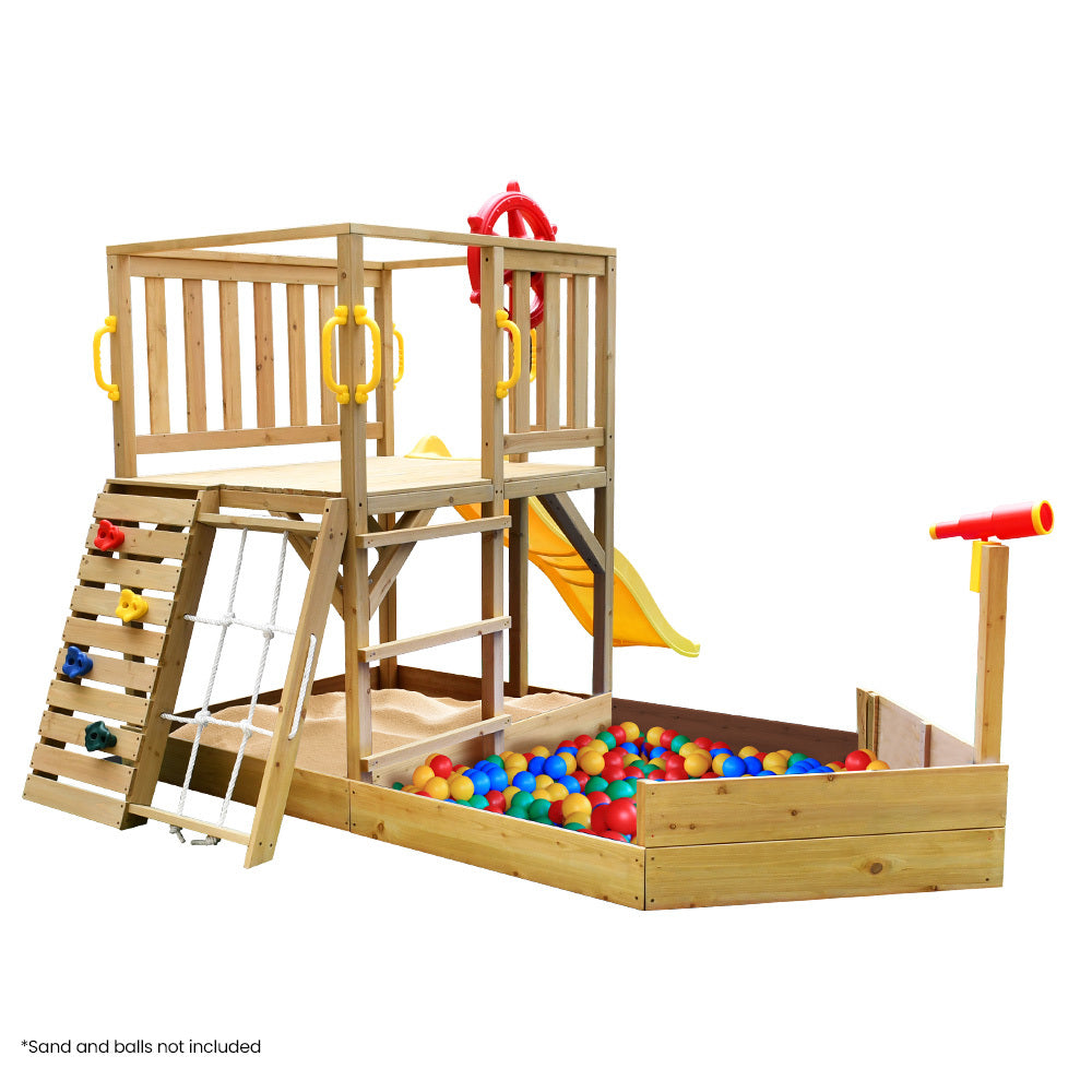 Wooden Boat Play Tower with Slide, Climbing Wall & Sandpit - 2.44m High
