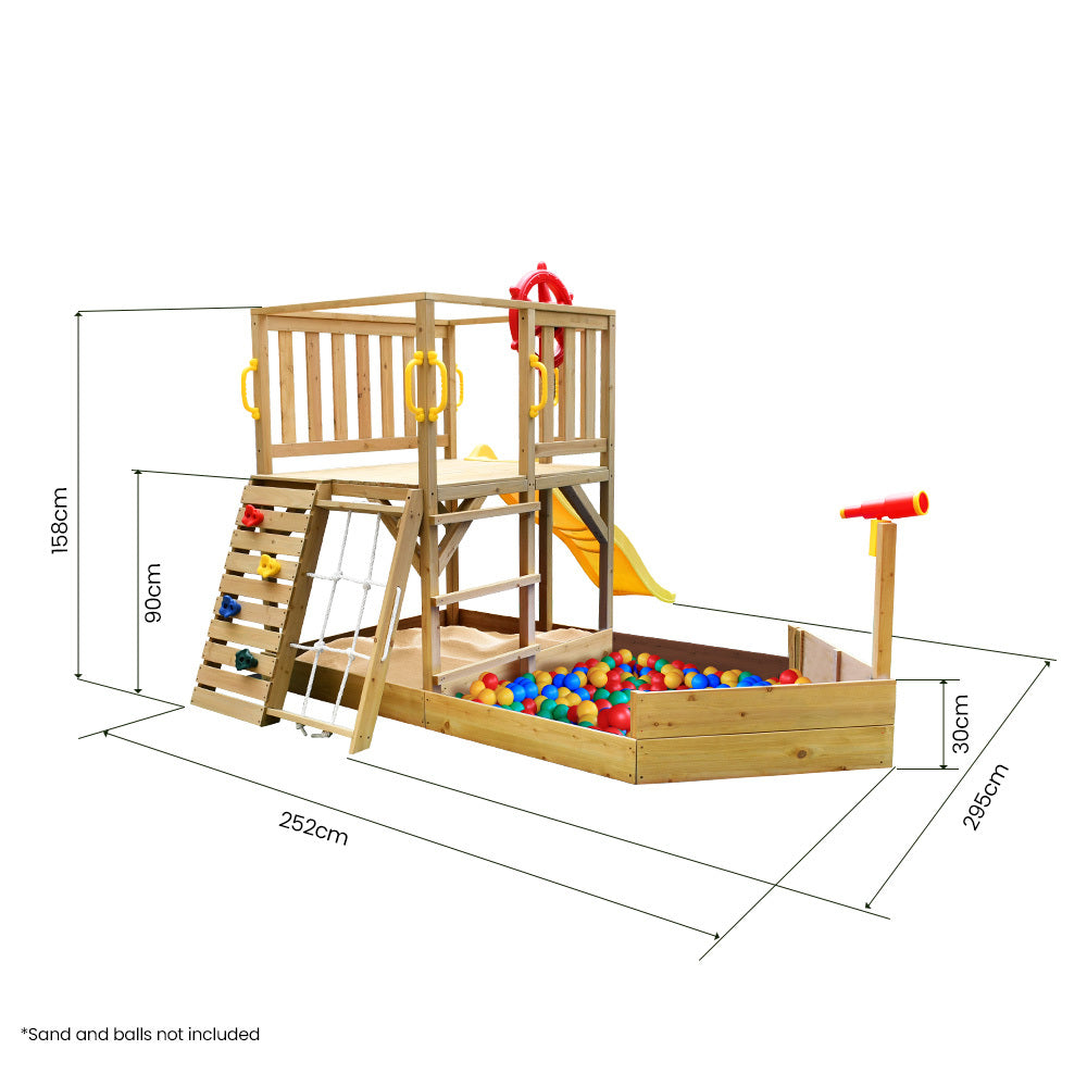 Wooden Boat Play Tower with Slide, Climbing Wall & Sandpit - 2.44m High