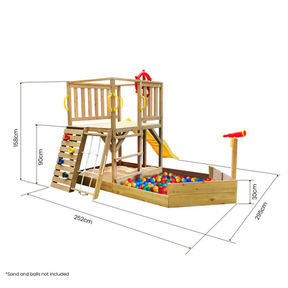Wooden Boat Play Tower with Slide, Climbing Wall & Sandpit - 2.44m High