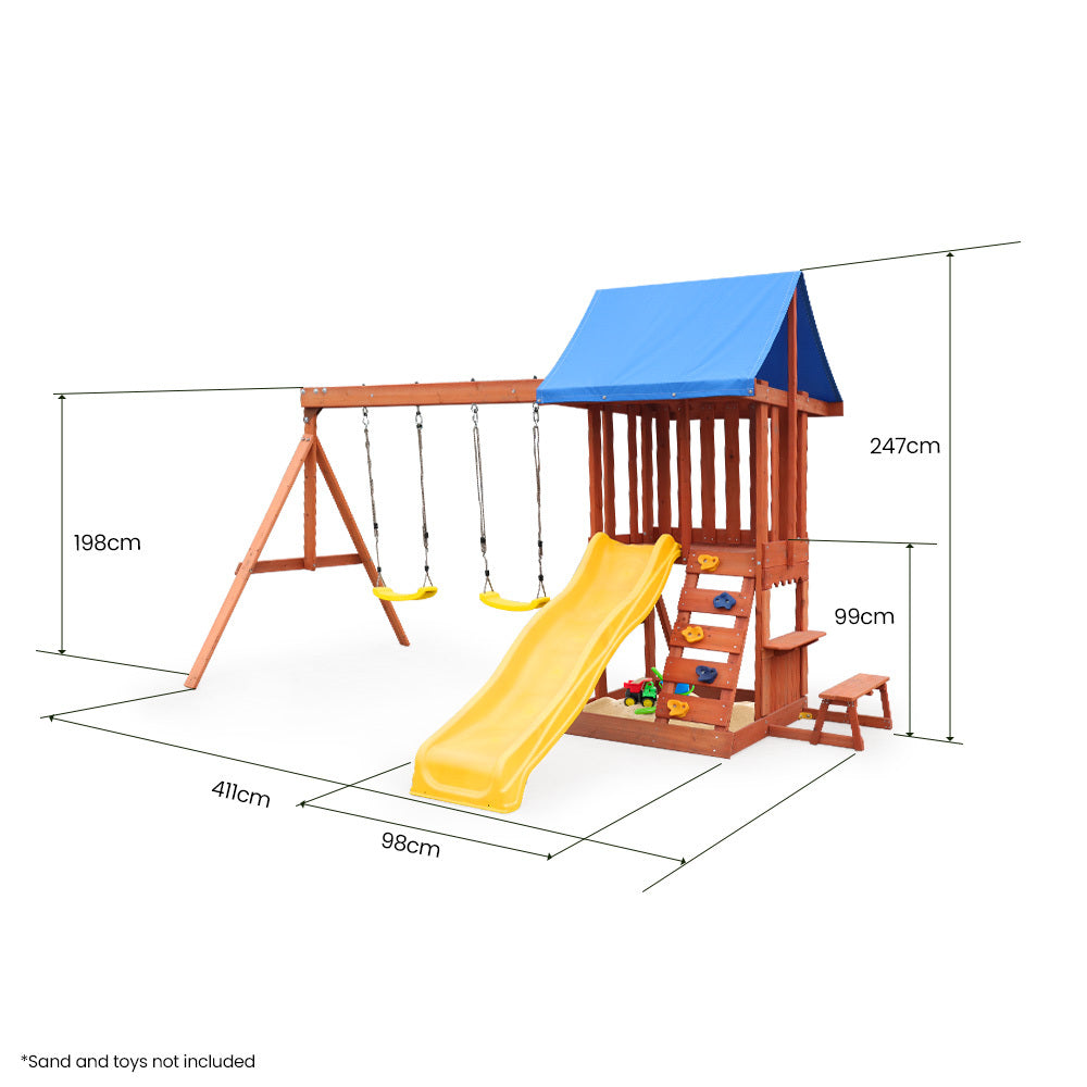 Outdoor Play Set with Slide, Swings, Climbing Wall & Sandpit - 2.5m Design
