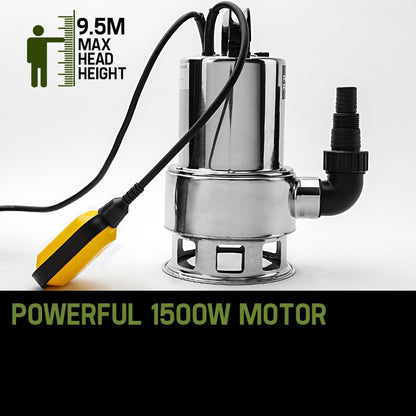 1500W Submersible Pump for Dirty Water, Stainless Steel, 18,000L/h, 0.08m Depth