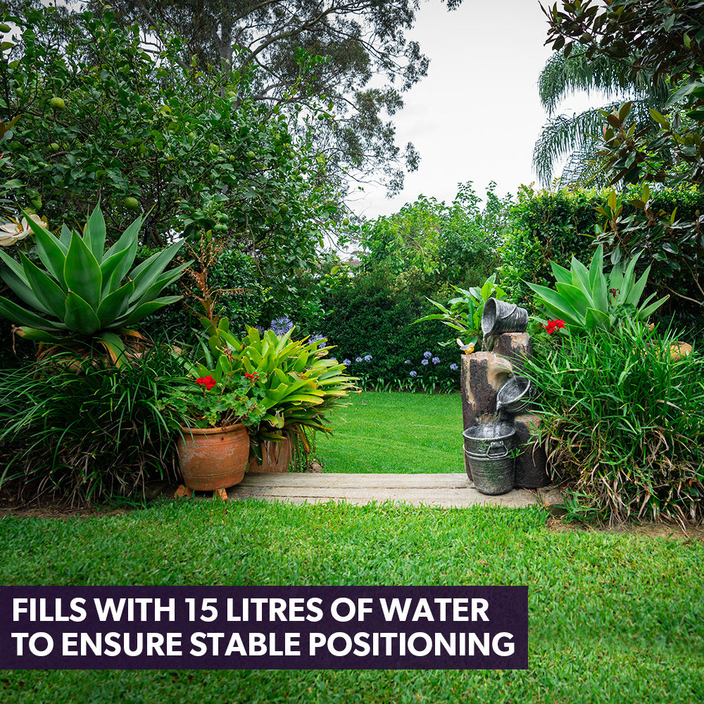 Rustic Cascading Solar Water Fountain with Buckets and LED Lights, 5m Cable