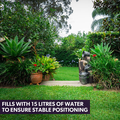 Rustic Cascading Solar Water Fountain with Buckets and LED Lights, 5m Cable