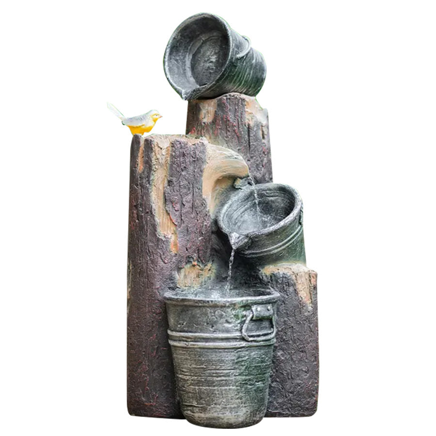 Rustic Cascading Solar Water Fountain with Buckets and LED Lights, 5m Cable