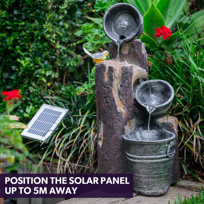 Rustic Cascading Solar Water Fountain with Buckets and LED Lights, 5m Cable
