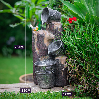 Rustic Cascading Solar Water Fountain with Buckets and LED Lights, 5m Cable