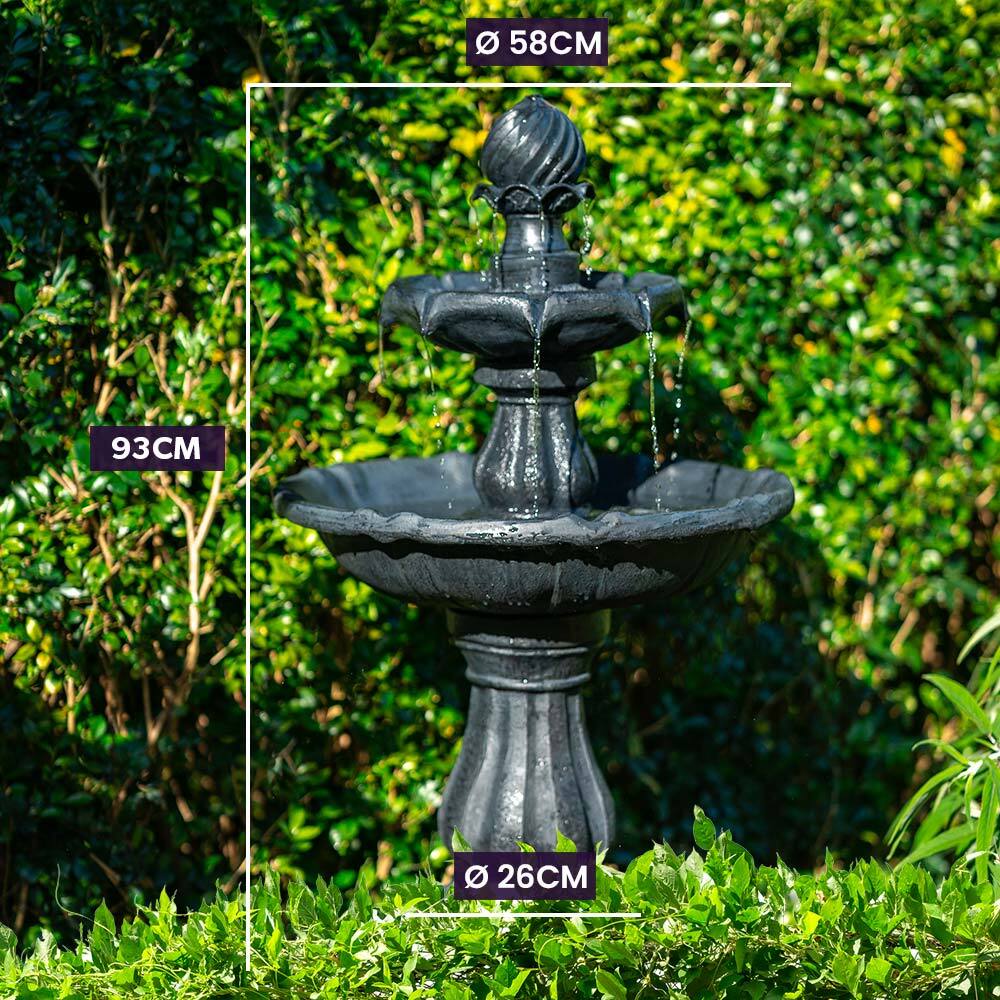 3-Tier Solar Water Fountain Bird Bath with 5m Panel Cable - Dark Grey