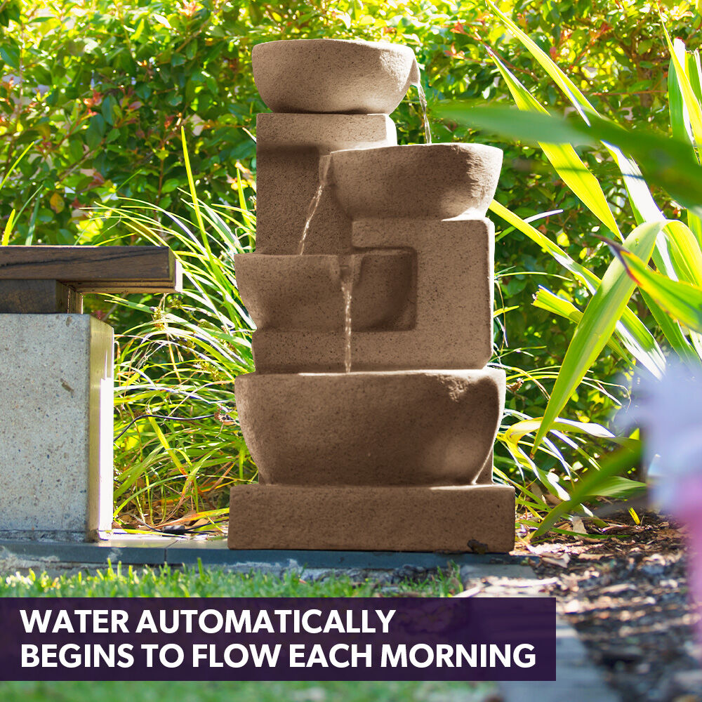 4 Bowl Solar Water Feature Fountain with LED Lights - Sand Color, 5m Solar Panel
