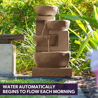4 Bowl Solar Water Feature Fountain with LED Lights - Sand Color, 5m Solar Panel